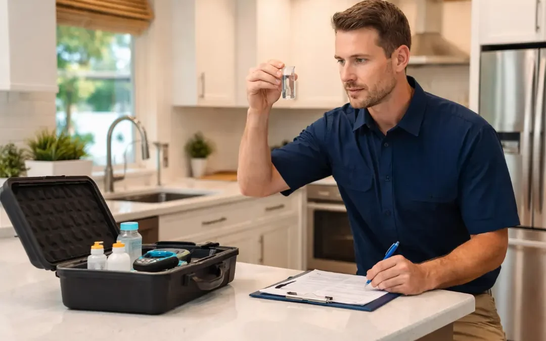Water Quality Testing San Diego technician analyzing residential tap water sample in Ramona California Hague Quality Water home inspection service