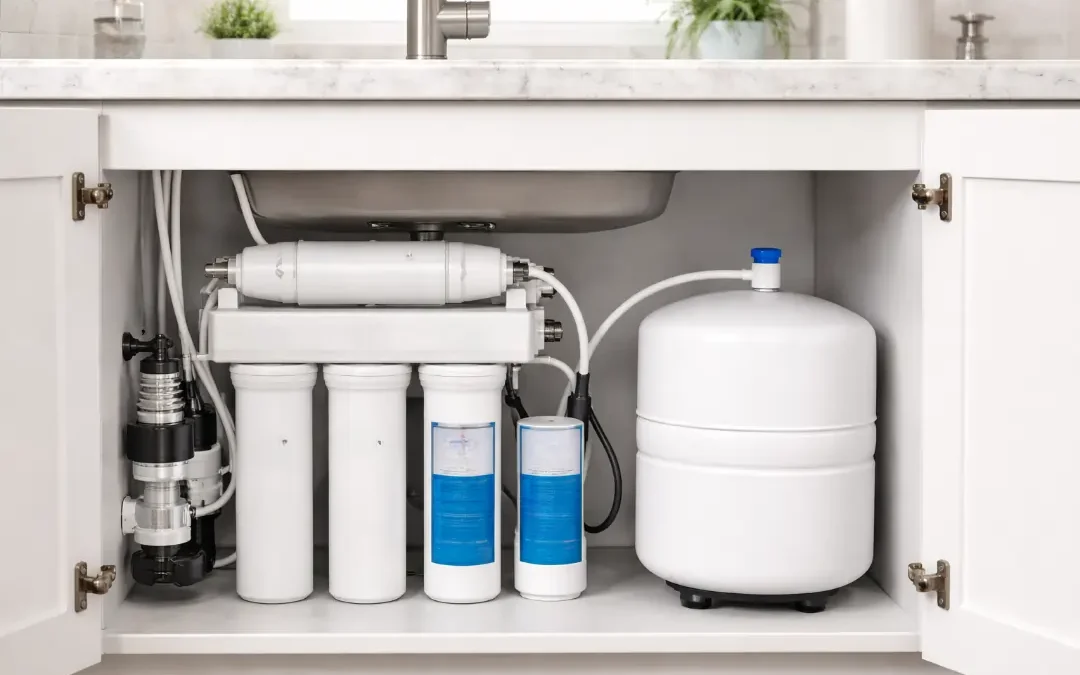 A reverse osmosis water filter system was installed under the kitchen sink in a San Diego home by Hague Quality Water, improving the drinking water taste and quality